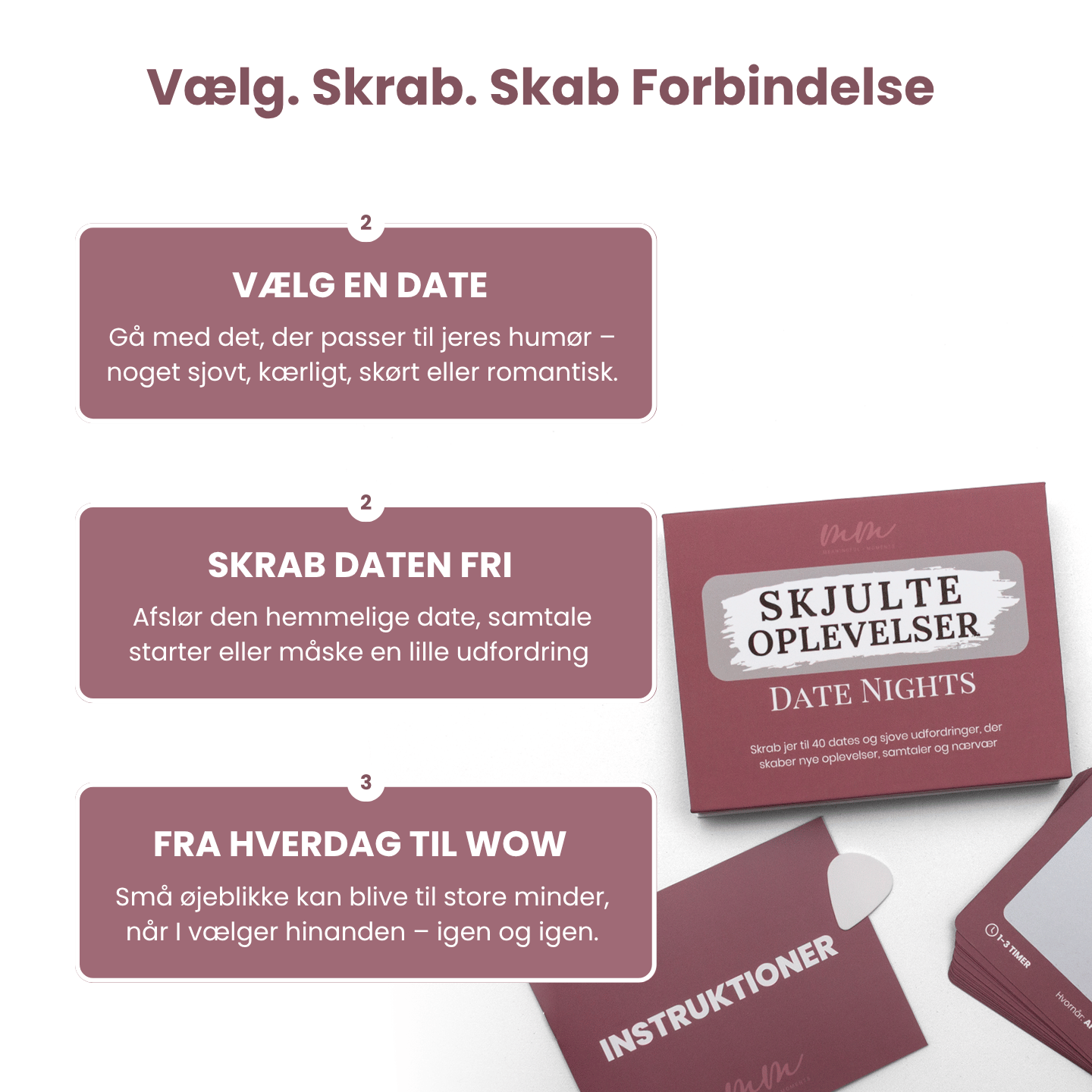 Sådan fungerer SkjulteOplevelser™ Date Nights – skrab en date trin for trin: vælg en date, skrab en date og skab minder sammen