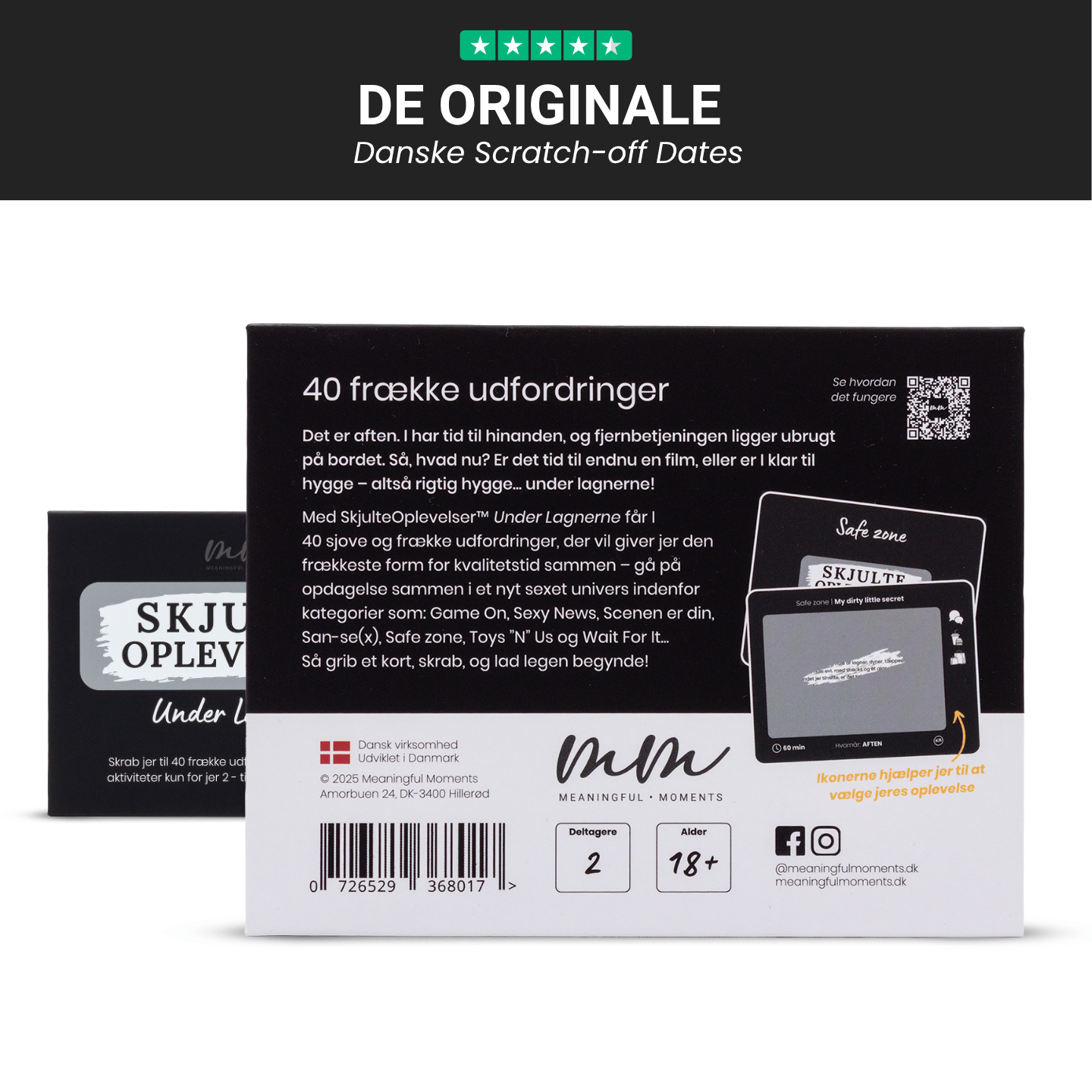 Bagsiden af SkjulteOplevelser™ – Under Lagnerne, et frækt parspil med 40 udfordringer og scratch-off dates, der giver sjov og intim kvalitetstid for voksne.