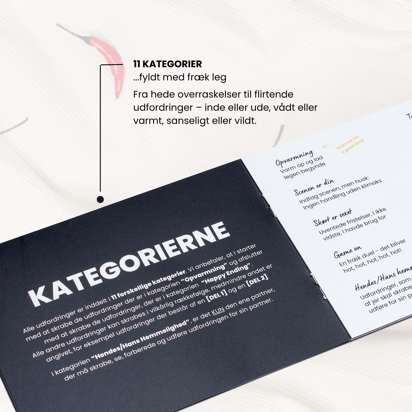 SkjulteOplevelser™ Under Lagnerne med 11 frække kategorier fyldt med overraskelser og flirtende udfordringer, der kan være sanselige, vilde, indendørs eller udendørs.